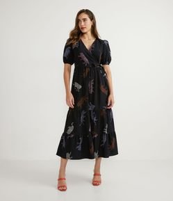 Vestido Midi em Tricoline com Manga Bufante e Babados na Saia