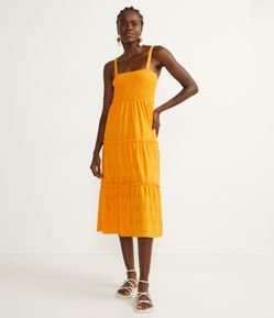 Vestido Midi em Laise com Babado e Alça Fina