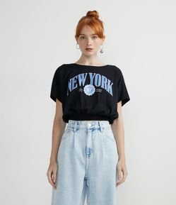 Blusa Cropped em Algodão com Estampa New York e Elástico na Barra