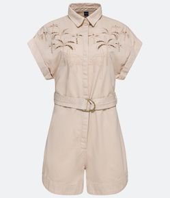Macaquinho em Sarja com Bordados de Coqueiros e Cinto Fivela