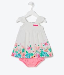 Vestido Infantil Texturizada com Estampa Floral e Calcinha - Tam 0 a 18 meses