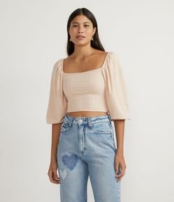 Blusa Cropped com Manga 3/4 e Lastex nas Costas