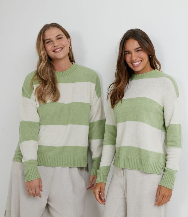 Blusão Suéter em Tricô Listrado - Cor: Verde - Tamanho: PP