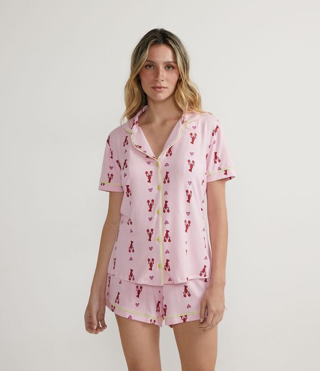Pijama Americano Curto em Viscolycra com Estampa de Mini Lagostas