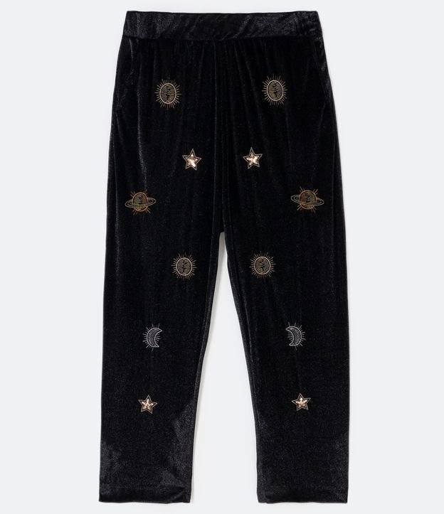 Pantalón Recto en Plush con Bordado de Astros Curve & Plus Size Negro 5
