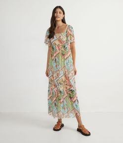 Vestido Longo em Tule com Estampa Lenço e Manga Ampla