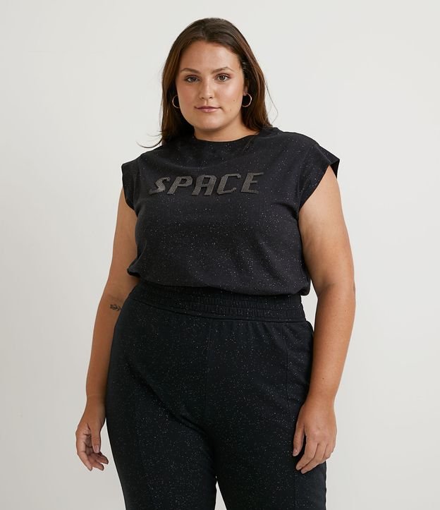 Blusa Manga Curta Em Algodão Com Bordado Space Curve And Plus Size Preto