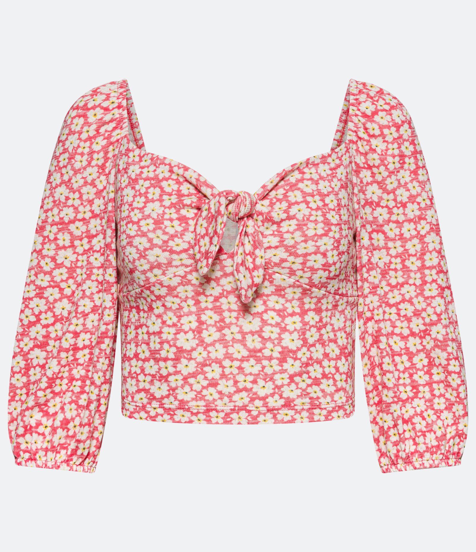 Blusa Cropped com Manga Longa Bufante e Estampa Floral Vermelho Claro 5