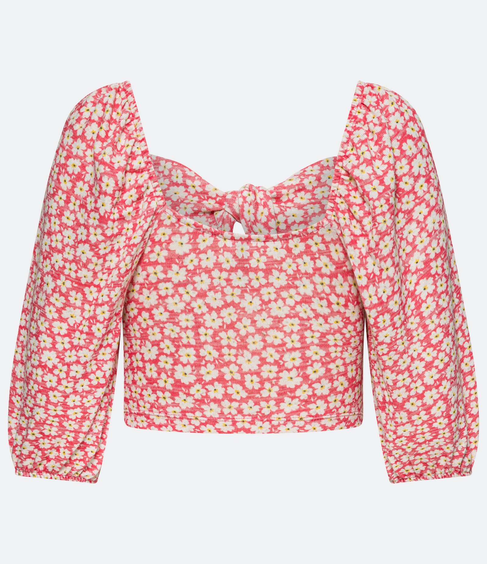 Blusa Cropped com Manga Longa Bufante e Estampa Floral Vermelho Claro 6