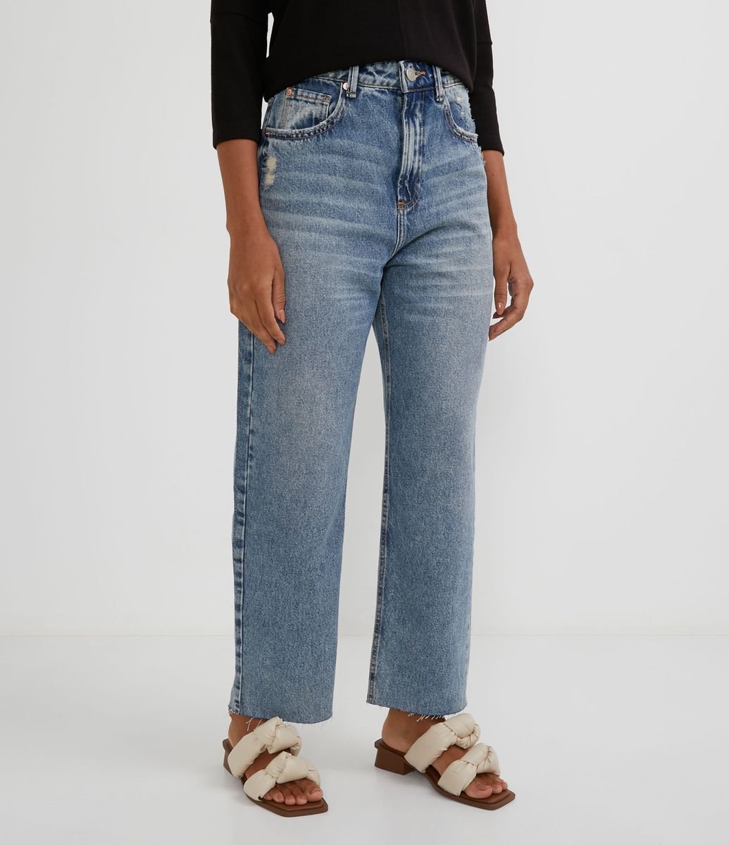 Pantalón Recto Cropped Jeans con Cintura Alta Azul