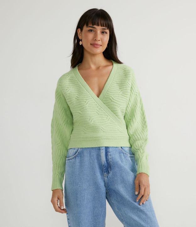 Suéter en Tejido de Punto con Escote Cruzado y Punto Diferente Verde 1