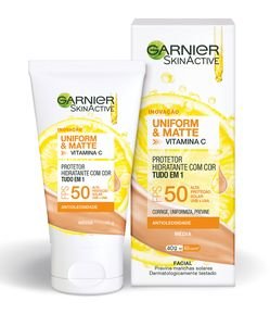Protetor Hidratante Facial Garnier Uniform & Matte Vitamina C FPS 50 Cor Média, 40g