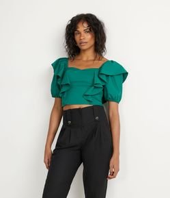 Blusa Cropped em Tricoline com Manga Curta Bufante