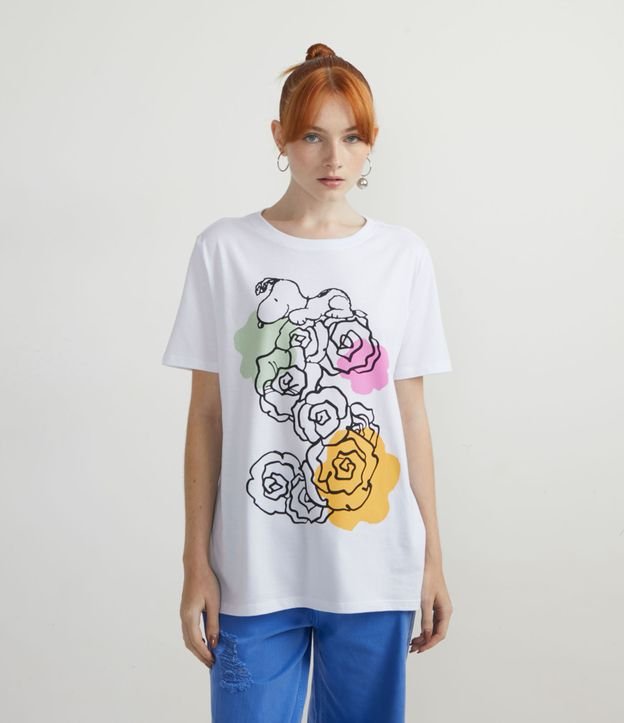 Blusa Alargada en Algodón con Estampado Snoopy con Flores Blanco 1