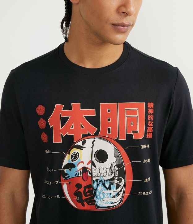 Camiseta Manga Curta em Algodão com Estampa Daruma Esqueleto Preto 3