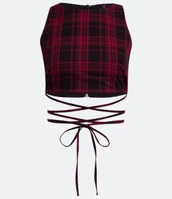 Blusa Regata Cropped em Viscose Xadrez e Amarração na Cintura