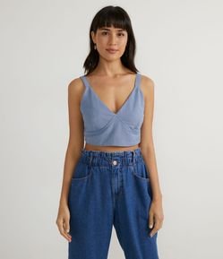 Blusa Regata Cropped em Linho com Lastex nas Costas