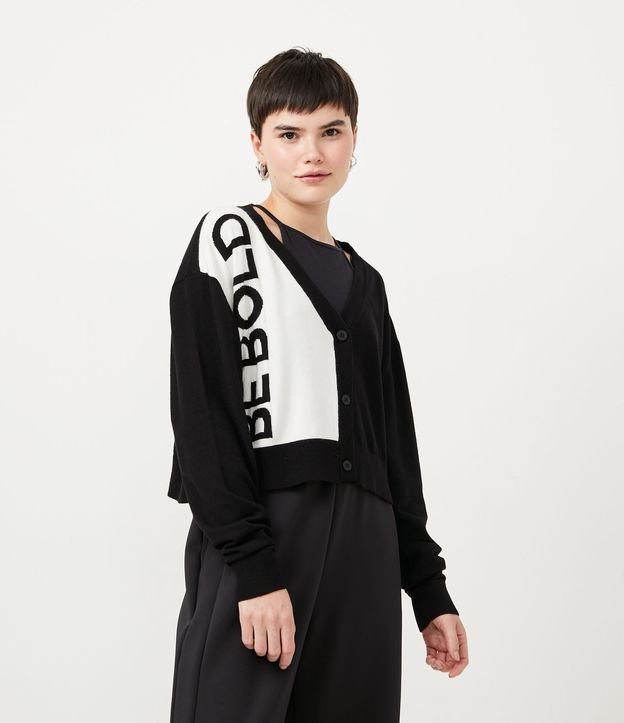 Cardigan Cropped de Punto Jacquard con Be Bold Negro 1