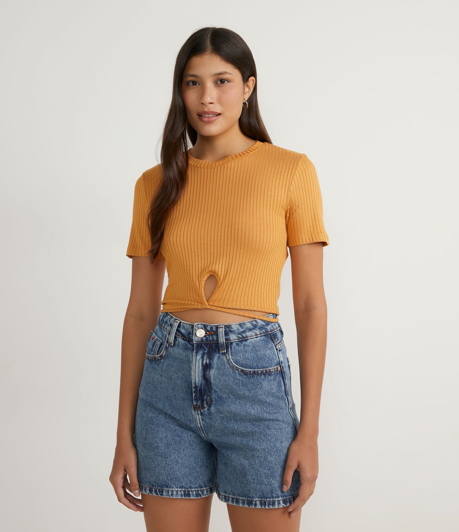 Blusa Curta em Ribana com Amarração Amarelo 1