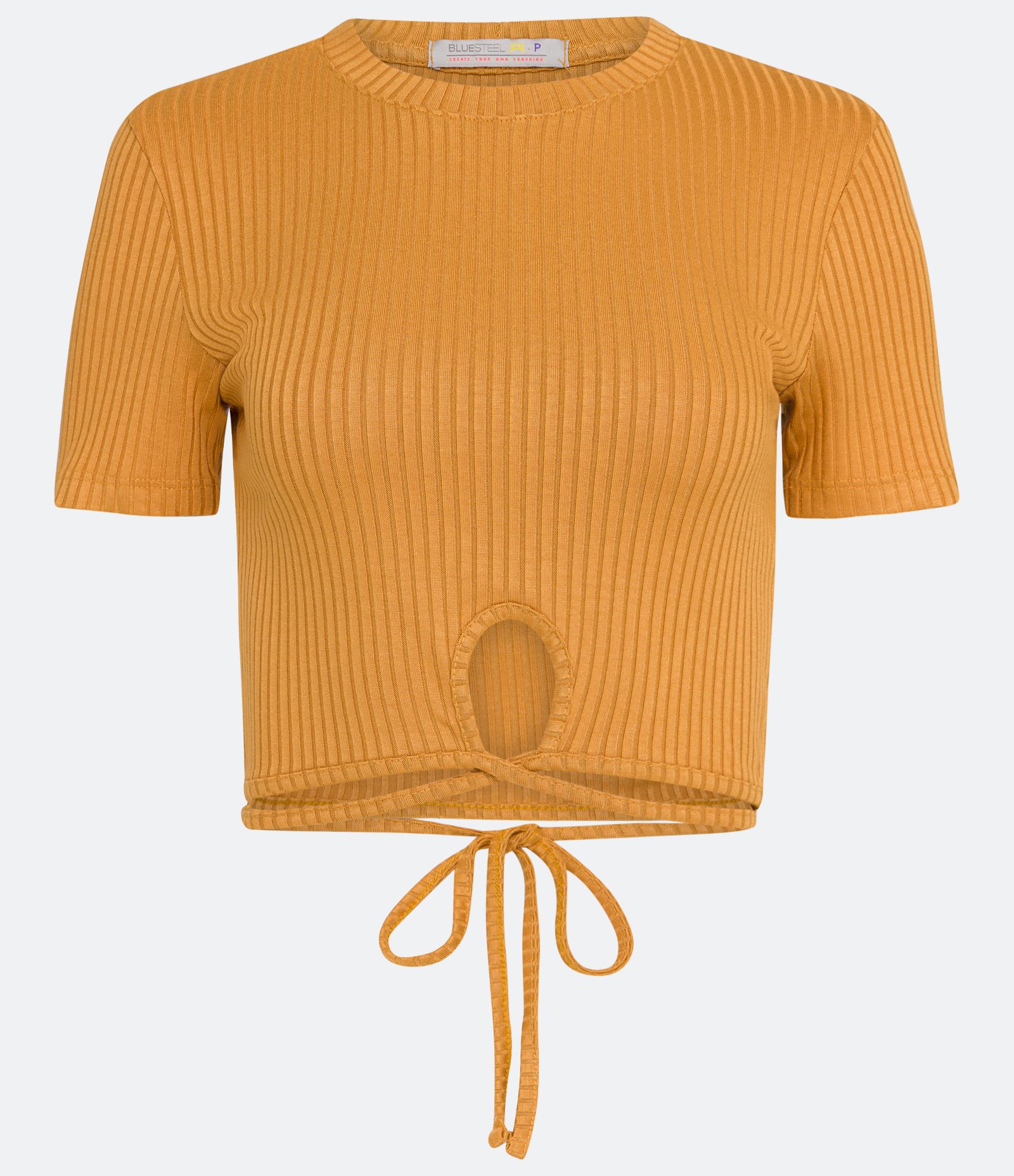Blusa Curta em Ribana com Amarração Amarelo 5