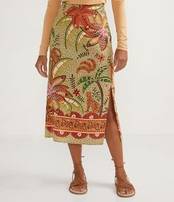 Saia Midi Reta em Linho com Estampa Tropical e Fendas Laterias