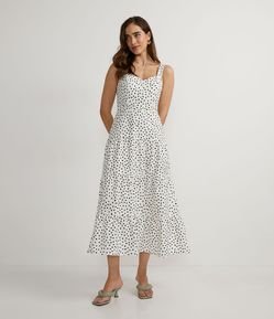 Vestido Longo em Sarja com Decote Coração e Alças Largas