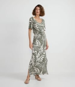 Vestido Midi em Viscose Canelado com Estampa de Folhagem