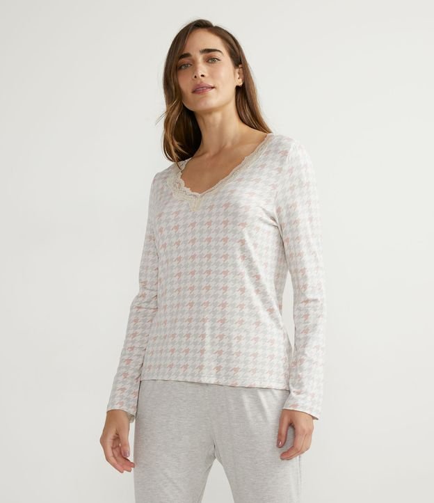 Pijama Largo en Viscolycra con Estampado Cuadrillé Pied-de-poule Gris 3