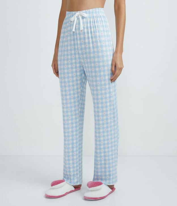 Pantalón de Pijama en Viscolycra con Estampado de Cuadros Vichy y Mini Corazones Azul 1