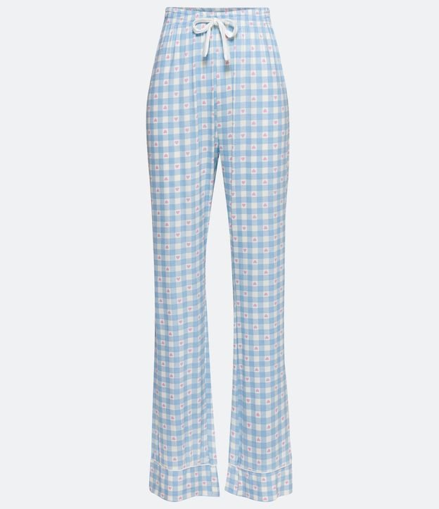 Pantalón de Pijama en Viscolycra con Estampado de Cuadros Vichy y Mini Corazones Azul 5