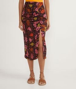 Saia Midi em Viscose com Estampa Floral e Franzido