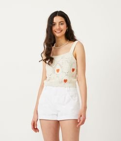 Blusa Regata Cropped em Tricô com Bordados de Corações