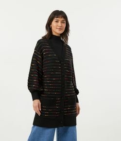 Campera Alargada en Tejido de Punto con Bolsillos y Rayas
