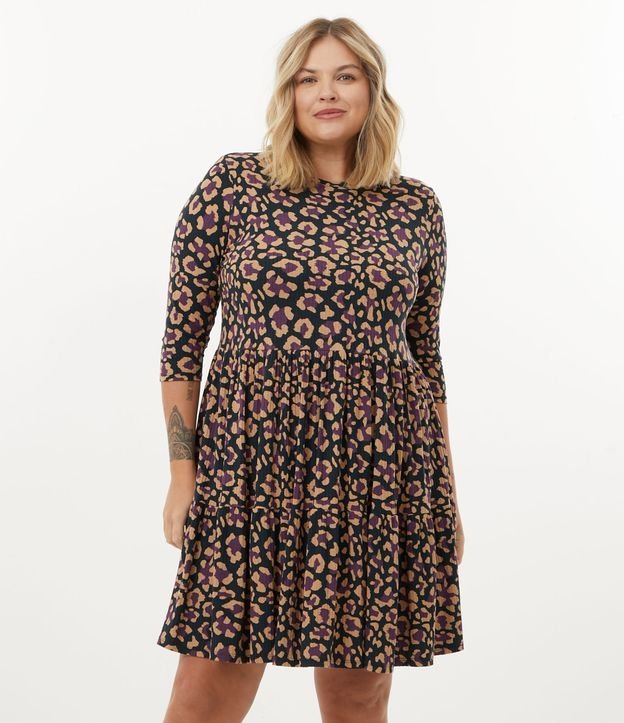 Vestido Curto em Ribana com Estampa Animal Print Onça Curve & Plus Size