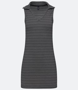 Vestido Curto em Ribana Listrada com Gola Polo e sem Manga
