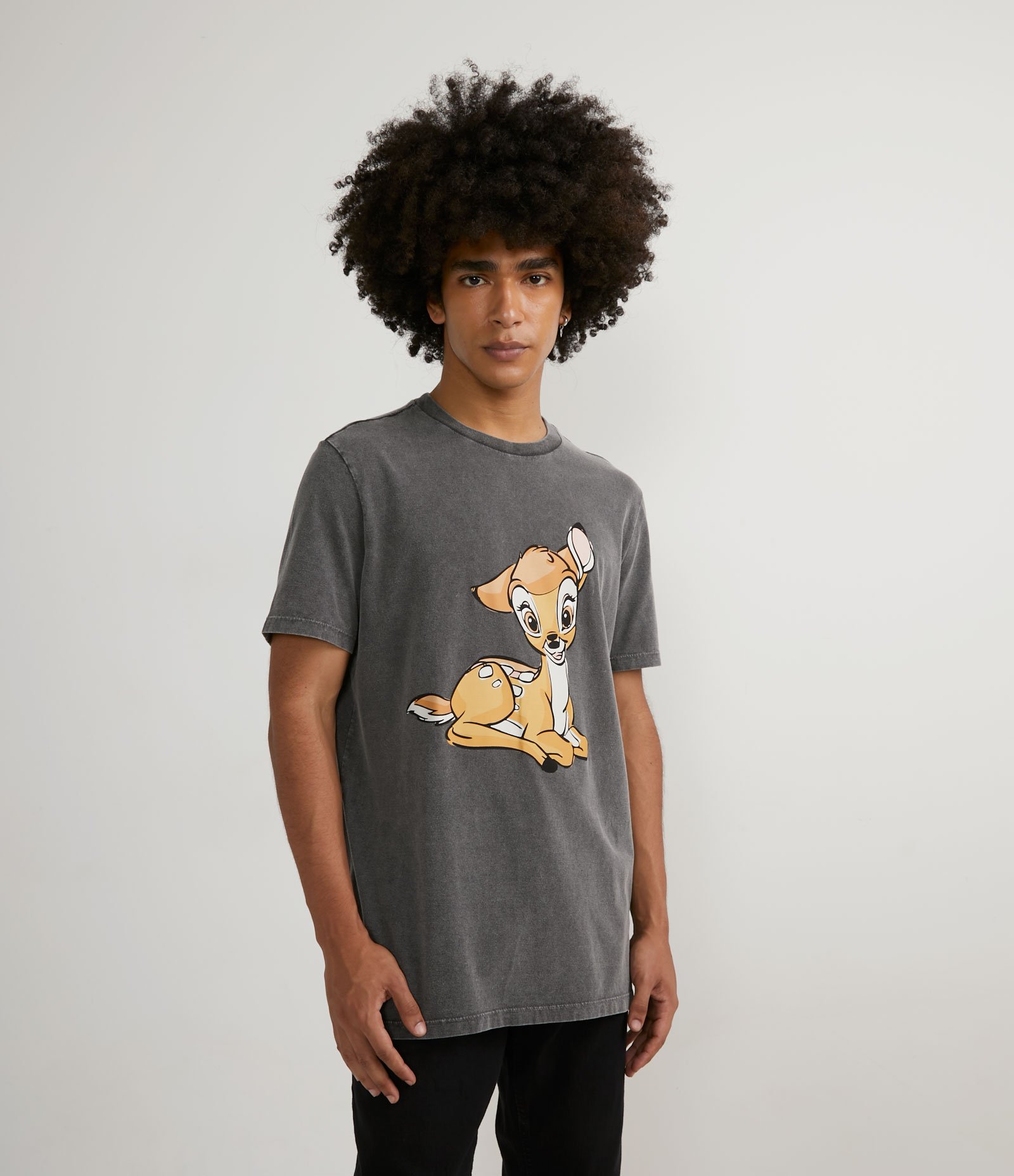 Camiseta em Meia Malha Manga Curta com Estampa Bambi Cinza 1