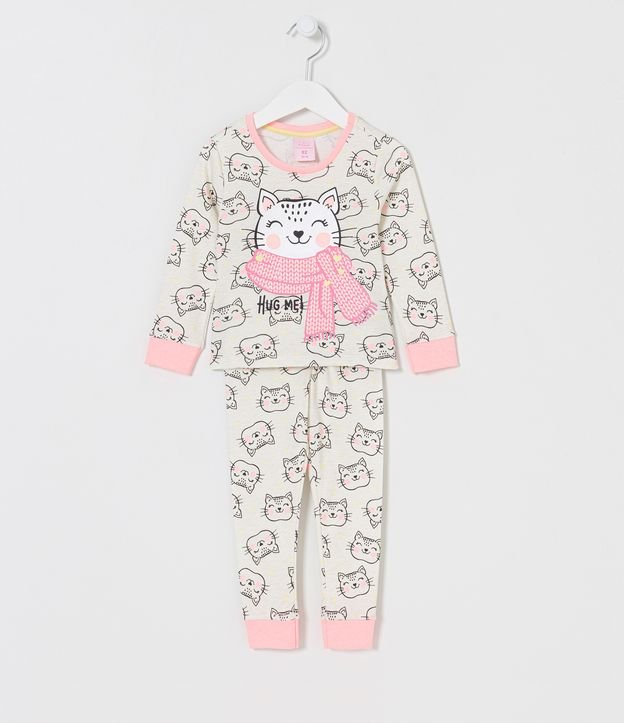 Pijama Largo Infantil Estampado de Gatito con Bufanda - Talle 1 a 5 años Blanco 1