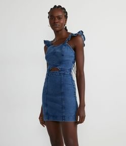 Vestido Curto Jeans com Decote Coração e Babadinho na Alça