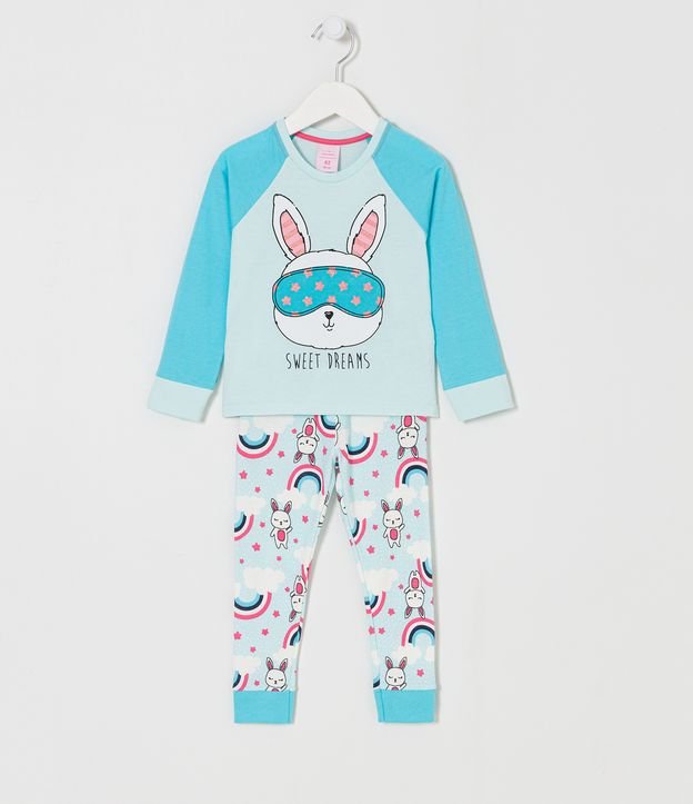 Pijama Largo Infantil Estampado de Conejo con Máscara de Dormir - Talle 2 a 14 años Azul 1