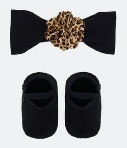 Meia Sapatilha Infantil e Faixa de Cabelo com Laço Animal Print Onça - Tam 0 a 12 meses