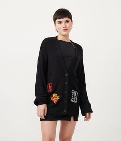 Cardigan Alongado em Tricô com Patches Aplicados Harry Potter