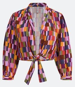 Blusa Cropped em Linho com Amarração Frontal e Estampa Geométrica