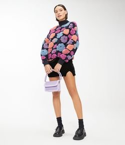 Blusão Alongado em Tricô com Flores Coloridas em Relevo