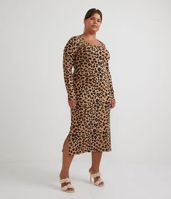 Vestido Midi em Ribana com Estampa Animal Print Onça Curve & Plus Size
