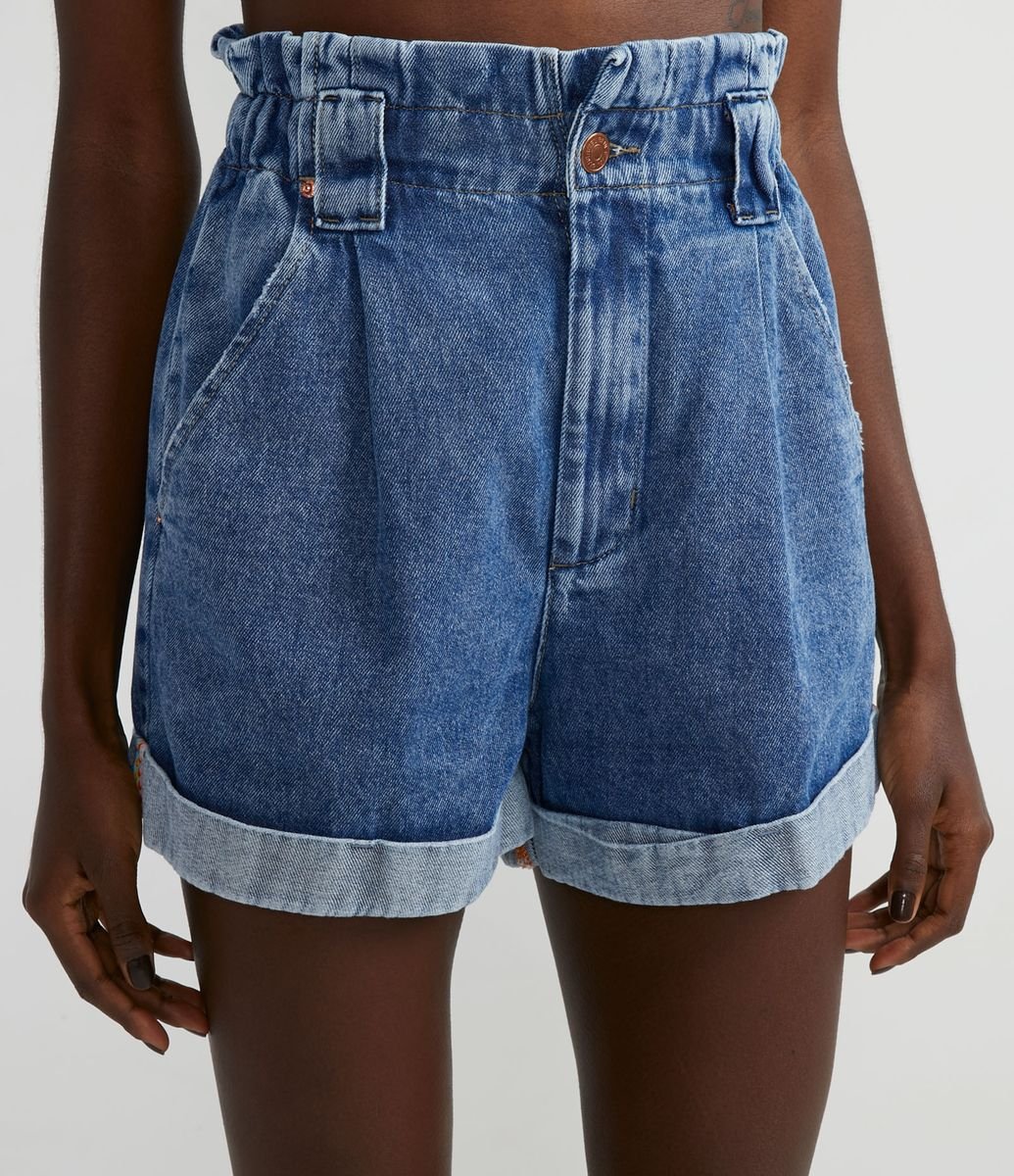 Short Baggy Jeans com Elástico no Cós e Barra Larga Dobrada Azul