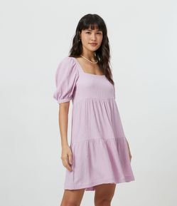 Vestido Curto em Viscose Texturizado com Manga Bufante