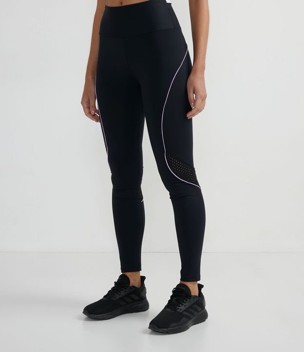 Calça Legging Feminina Academia Preta com Recortes de Tela de Poliamida