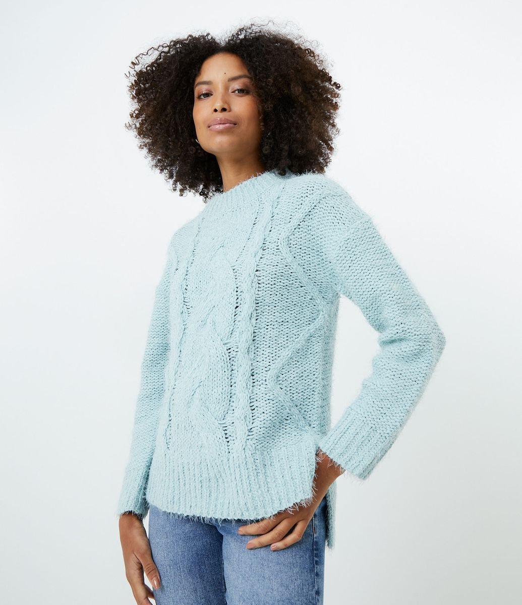 Suéter en Tejido de Punto Chenille con Detalles Trenzados Azul