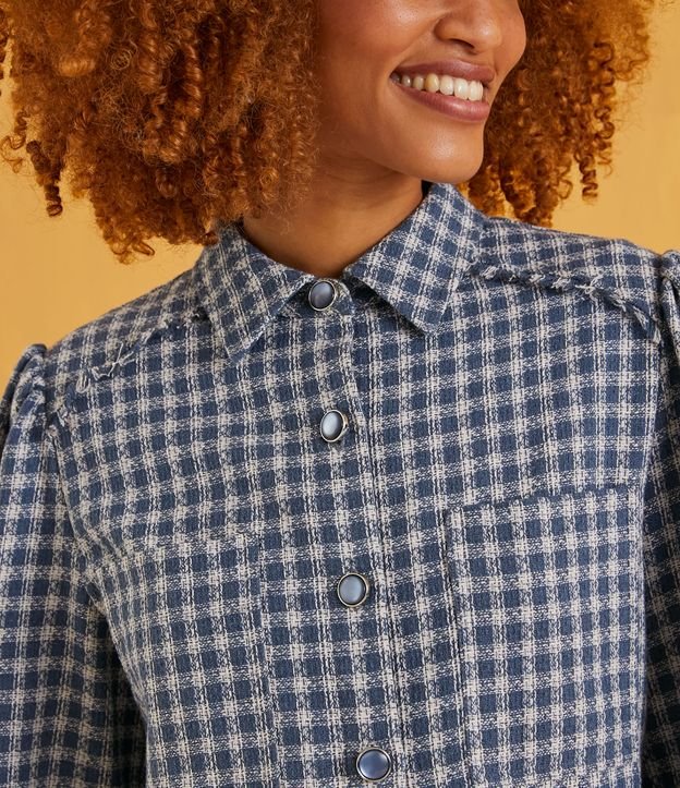 Camisa Alargada en Tweed con Patrón Cuadrillé y Bolsillos Azul 3