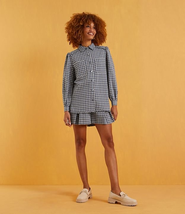 Camisa Alargada en Tweed con Patrón Cuadrillé y Bolsillos Azul 5